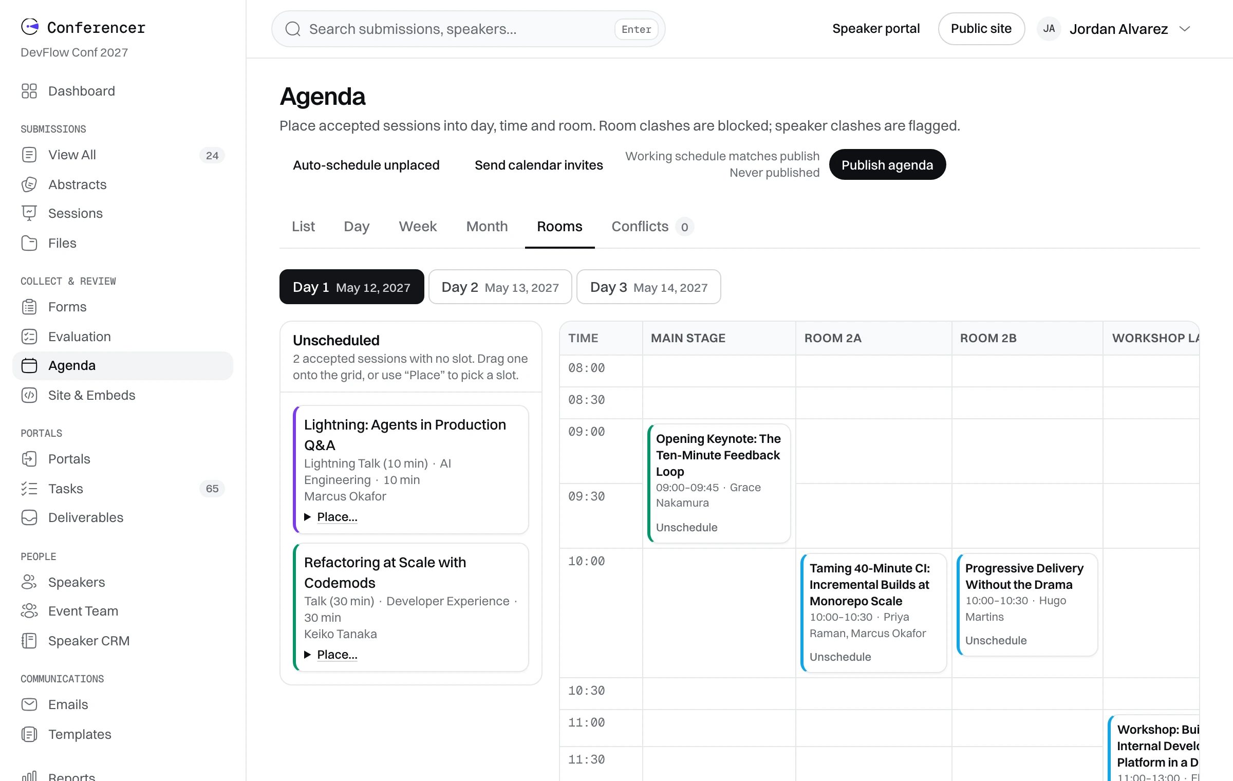 The agenda board: two unscheduled sessions on the left, a rooms-by-time grid for day one on the right, and a Conflicts tab reading zero.