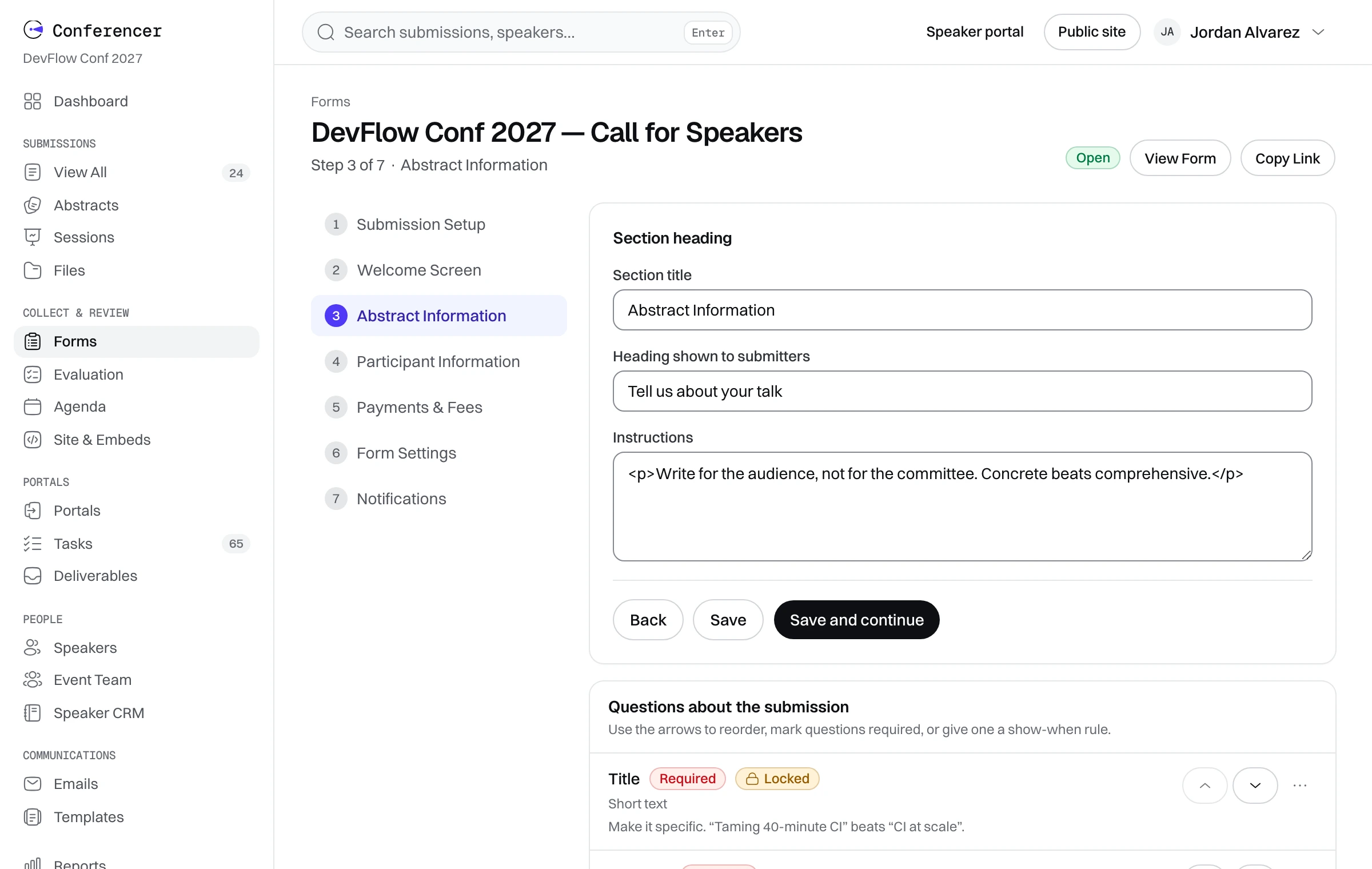 Step 3 of 7 of the call-for-speakers builder: a section heading, then questions tagged Short text, Long text, Required, Locked and a 4000-character limit.