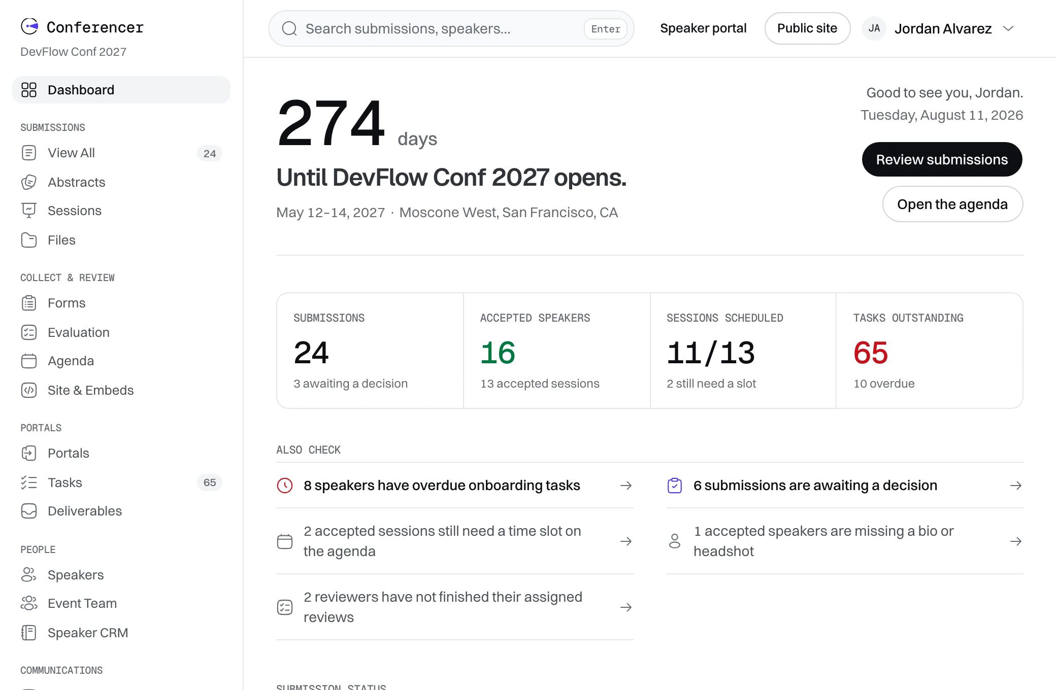 The organizer dashboard: 274 days until the event opens, then counts for submissions, accepted speakers, sessions scheduled and outstanding tasks.