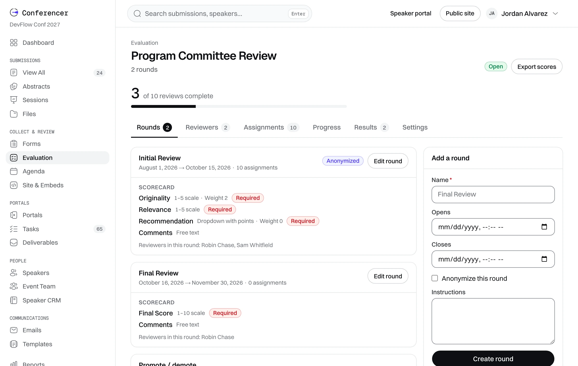 An evaluation plan with two rounds: the first anonymized, each with its own scorecard of scales, weights and free text, and its own named reviewers.